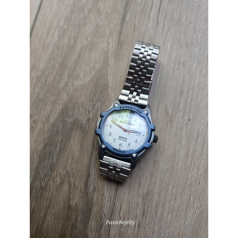 Timex Watch Mens Expedition White Dial Date Blue Case Bracelet Field Quartz Y2K